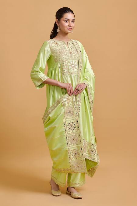Buy Gulabo By Abu Sandeep Green Modal, Chanderi Embroidery, Sequins Split V-neck Pista Kurta And Pant Set Buy_Gulabo By Abu Sandeep_Green Modal, Chanderi Embroidery, Sequins Split V-neck Pista Kurta And Pant Set