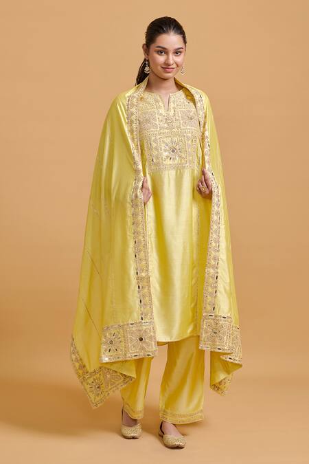 Gulabo By Abu Sandeep Yellow Modal, Chanderi Sequins, Embroidery V-neck Kurta Set at Aza Fashions Gulabo By Abu Sandeep_Yellow Modal, Chanderi Sequins, Embroidery V-neck Kurta Set _at_Aza_Fashions
