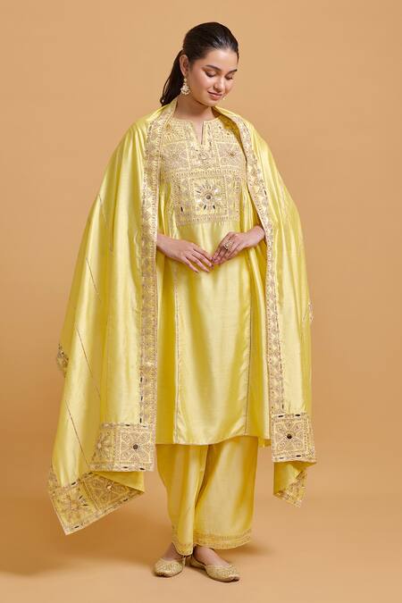 Buy Gulabo By Abu Sandeep Yellow Modal, Chanderi Sequins, Embroidery V-neck Kurta Set Buy_Gulabo By Abu Sandeep_Yellow Modal, Chanderi Sequins, Embroidery V-neck Kurta Set