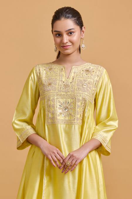Shop Gulabo By Abu Sandeep Yellow Modal, Chanderi Sequins, Embroidery V-neck Kurta Set Shop_Gulabo By Abu Sandeep_Yellow Modal, Chanderi Sequins, Embroidery V-neck Kurta Set