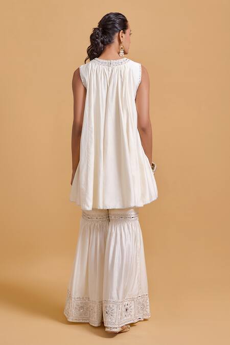 Gulabo By Abu Sandeep Off White Modal, Chanderi Embroidery Round Neck Kurta And Gharara Set Online at Aza Fashions Gulabo By Abu Sandeep_Off White Modal, Chanderi Embroidery Round Neck Kurta And Gharara Set _Online_at_Aza_Fashions