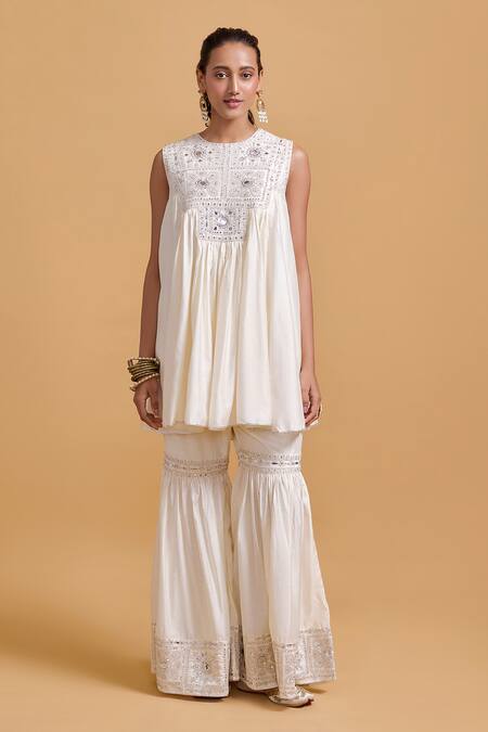 Buy Gulabo By Abu Sandeep Off White Modal, Chanderi Embroidery Round Neck Kurta And Gharara Set Online at Aza Fashions Buy_Gulabo By Abu Sandeep_Off White Modal, Chanderi Embroidery Round Neck Kurta And Gharara Set _Online_at_Aza_Fashions