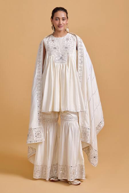 Buy Gulabo By Abu Sandeep Off White Modal, Chanderi Embroidery Round Neck Kurta And Gharara Set Buy_Gulabo By Abu Sandeep_Off White Modal, Chanderi Embroidery Round Neck Kurta And Gharara Set