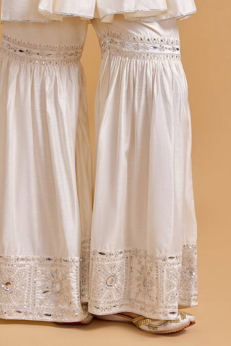 Shop Gulabo By Abu Sandeep Off White Modal, Chanderi Embroidery Round Neck Kurta And Gharara Set Shop_Gulabo By Abu Sandeep_Off White Modal, Chanderi Embroidery Round Neck Kurta And Gharara Set