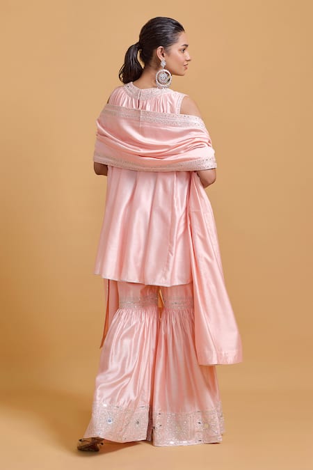 Shop Gulabo By Abu Sandeep Pink Modal, Chanderi Sequins, Mirrors Round Neck Designer Kurta And Gharara Set at Aza Fashions Shop_Gulabo By Abu Sandeep_Pink Modal, Chanderi Sequins, Mirrors Round Neck Designer Kurta And Gharara Set _at_Aza_Fashions