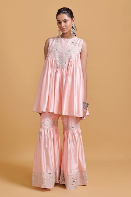 Gulabo By Abu Sandeep Pink Modal, Chanderi Sequins, Mirrors Round Neck Designer Kurta And Gharara Set 