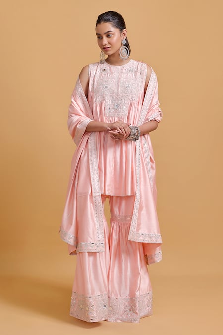 Gulabo By Abu Sandeep Pink Modal, Chanderi Sequins, Mirrors Round Neck Designer Kurta And Gharara Set Online at Aza Fashions Gulabo By Abu Sandeep_Pink Modal, Chanderi Sequins, Mirrors Round Neck Designer Kurta And Gharara Set _Online_at_Aza_Fashions