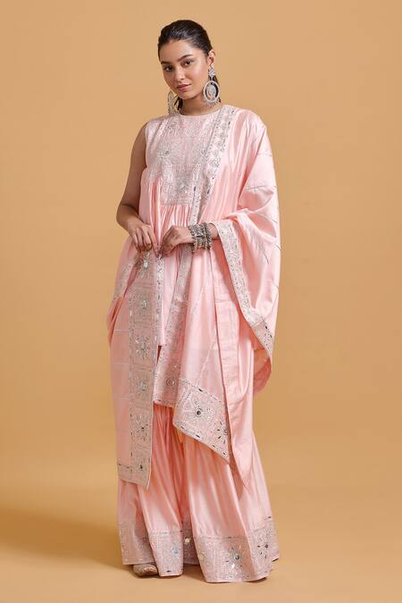 Shop Gulabo By Abu Sandeep Pink Modal, Chanderi Sequins, Mirrors Round Neck Designer Kurta And Gharara Set Online at Aza Fashions Shop_Gulabo By Abu Sandeep_Pink Modal, Chanderi Sequins, Mirrors Round Neck Designer Kurta And Gharara Set _Online_at_Aza_Fashions
