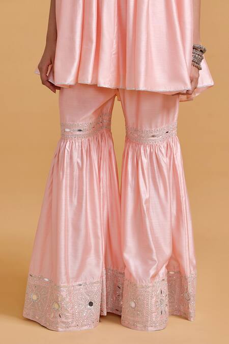 Gulabo By Abu Sandeep Pink Modal, Chanderi Sequins, Mirrors Round Neck Designer Kurta And Gharara Set at Aza Fashions Gulabo By Abu Sandeep_Pink Modal, Chanderi Sequins, Mirrors Round Neck Designer Kurta And Gharara Set _at_Aza_Fashions