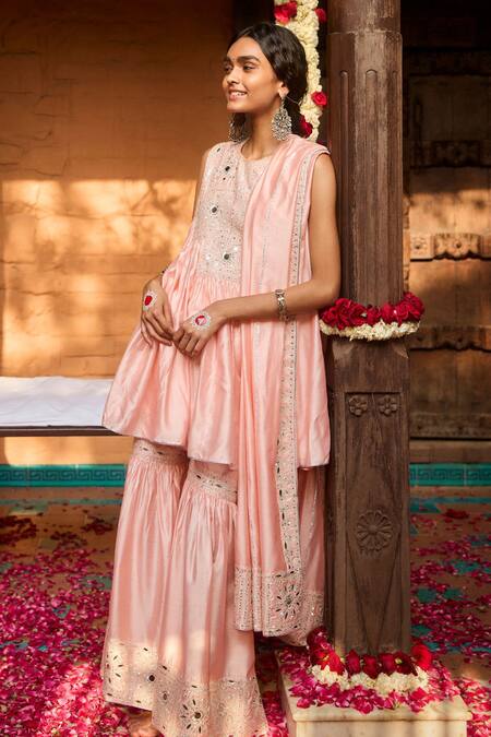 Shop Gulabo By Abu Sandeep Pink Modal, Chanderi Sequins, Mirrors Round Neck Designer Kurta And Gharara Set Shop_Gulabo By Abu Sandeep_Pink Modal, Chanderi Sequins, Mirrors Round Neck Designer Kurta And Gharara Set