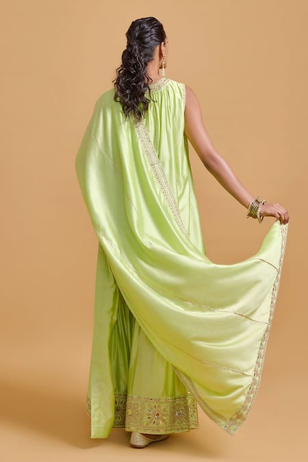 Shop Gulabo By Abu Sandeep Green Modal, Chanderi Embroidery Round Neck Pista Kurta Gharara Set at Aza Fashions Shop_Gulabo By Abu Sandeep_Green Modal, Chanderi Embroidery Round Neck Pista Kurta Gharara Set _at_Aza_Fashions