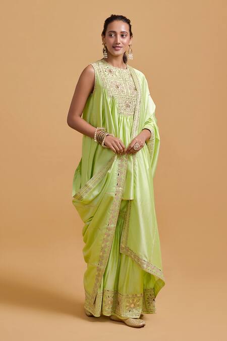 Gulabo By Abu Sandeep Green Modal, Chanderi Embroidery Round Neck Pista Kurta Gharara Set Online at Aza Fashions Gulabo By Abu Sandeep_Green Modal, Chanderi Embroidery Round Neck Pista Kurta Gharara Set _Online_at_Aza_Fashions