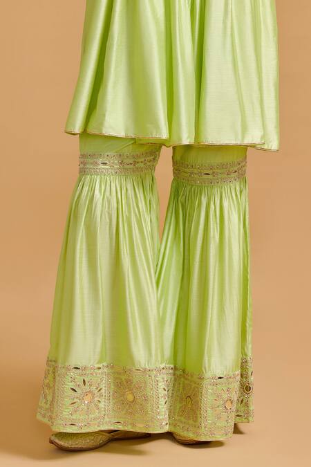 Buy Gulabo By Abu Sandeep Green Modal, Chanderi Embroidery Round Neck Pista Kurta Gharara Set Online at Aza Fashions Buy_Gulabo By Abu Sandeep_Green Modal, Chanderi Embroidery Round Neck Pista Kurta Gharara Set _Online_at_Aza_Fashions