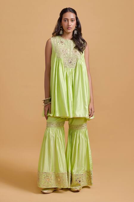Shop Gulabo By Abu Sandeep Green Modal, Chanderi Embroidery Round Neck Pista Kurta Gharara Set Online at Aza Fashions Shop_Gulabo By Abu Sandeep_Green Modal, Chanderi Embroidery Round Neck Pista Kurta Gharara Set _Online_at_Aza_Fashions