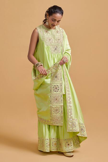 Gulabo By Abu Sandeep Green Modal, Chanderi Embroidery Round Neck Pista Kurta Gharara Set at Aza Fashions Gulabo By Abu Sandeep_Green Modal, Chanderi Embroidery Round Neck Pista Kurta Gharara Set _at_Aza_Fashions