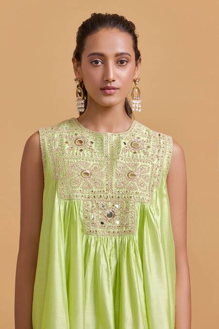 Buy Gulabo By Abu Sandeep Green Modal, Chanderi Embroidery Round Neck Pista Kurta Gharara Set Buy_Gulabo By Abu Sandeep_Green Modal, Chanderi Embroidery Round Neck Pista Kurta Gharara Set