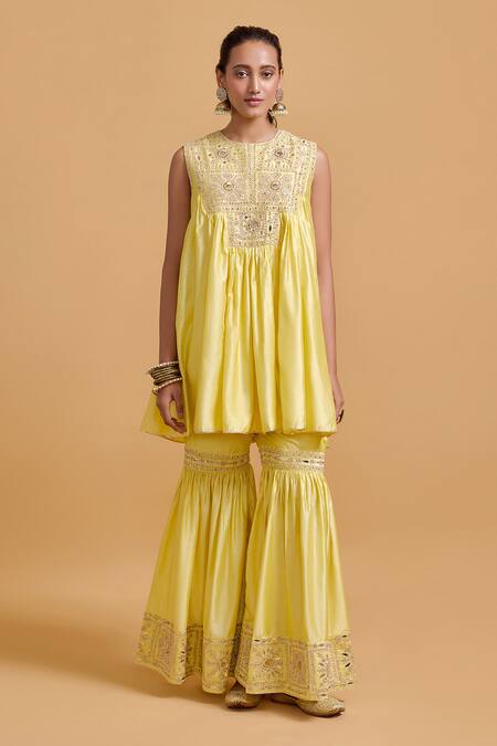 Gulabo By Abu Sandeep Yellow Modal, Chanderi Sequins, Beads, Embroidery Designer Kurta And Gharara Set Online at Aza Fashions Gulabo By Abu Sandeep_Yellow Modal, Chanderi Sequins, Beads, Embroidery Designer Kurta And Gharara Set _Online_at_Aza_Fashions