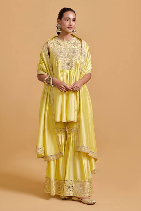 Shop Gulabo By Abu Sandeep Yellow Modal, Chanderi Sequins, Beads, Embroidery Designer Kurta And Gharara Set Online at Aza Fashions Shop_Gulabo By Abu Sandeep_Yellow Modal, Chanderi Sequins, Beads, Embroidery Designer Kurta And Gharara Set _Online_at_Aza_Fashions
