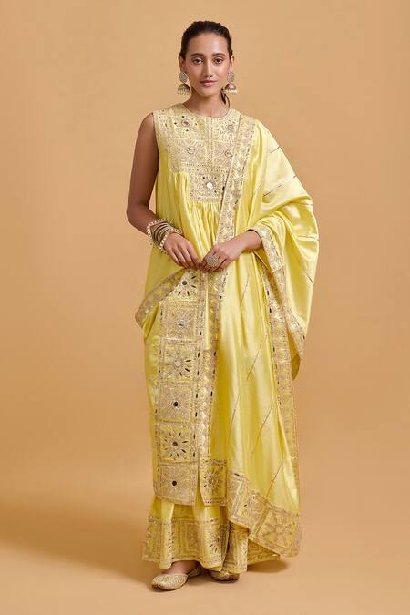 Gulabo By Abu Sandeep Yellow Modal, Chanderi Sequins, Beads, Embroidery Designer Kurta And Gharara Set at Aza Fashions Gulabo By Abu Sandeep_Yellow Modal, Chanderi Sequins, Beads, Embroidery Designer Kurta And Gharara Set _at_Aza_Fashions