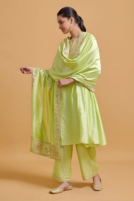 Gulabo By Abu Sandeep Green Modal, Chanderi Embroidery Pista Dupatta 