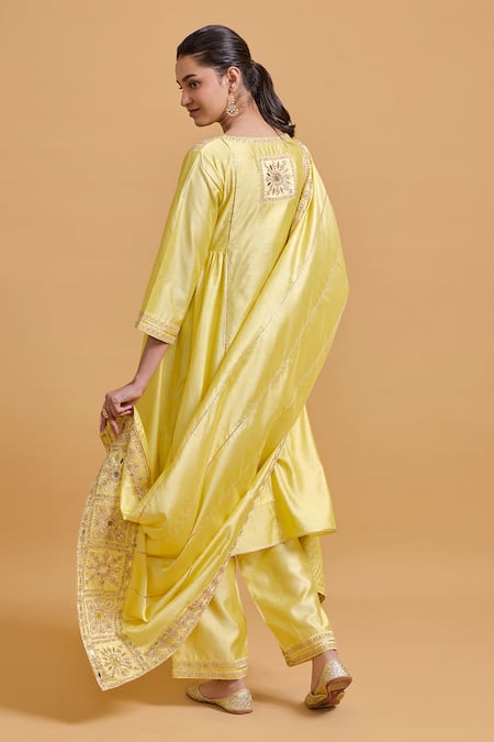 Shop_Gulabo By Abu Sandeep_Yellow Modal, Chanderi Embroidery Dupatta Set _at_Aza_Fashions