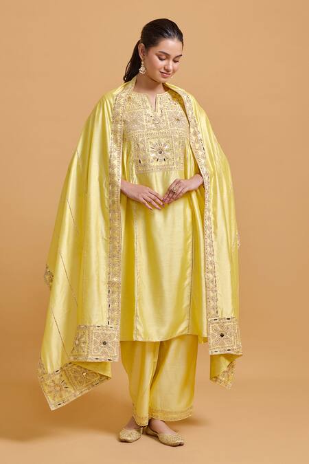 Gulabo By Abu Sandeep_Yellow Modal, Chanderi Embroidery Dupatta Set _Online_at_Aza_Fashions