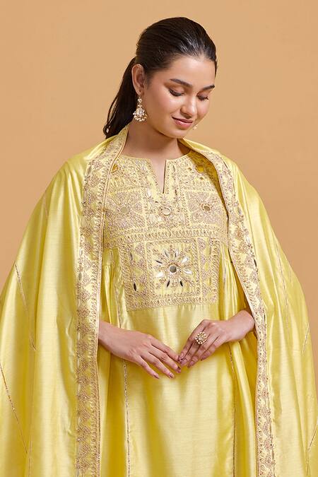 Buy_Gulabo By Abu Sandeep_Yellow Modal, Chanderi Embroidery Dupatta Set _Online_at_Aza_Fashions