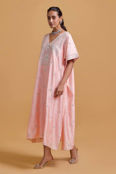 Gulabo By Abu Sandeep Pink Modal, Chanderi Embroidery V-neck Kaftan Online at Aza Fashions Gulabo By Abu Sandeep_Pink Modal, Chanderi Embroidery V-neck Kaftan _Online_at_Aza_Fashions