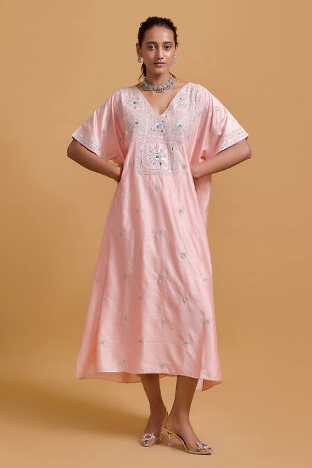 Buy Gulabo By Abu Sandeep Pink Modal, Chanderi Embroidery V-neck Kaftan Online at Aza Fashions Buy_Gulabo By Abu Sandeep_Pink Modal, Chanderi Embroidery V-neck Kaftan _Online_at_Aza_Fashions