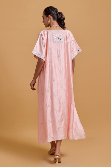 Shop Gulabo By Abu Sandeep Pink Modal, Chanderi Embroidery V-neck Kaftan at Aza Fashions Shop_Gulabo By Abu Sandeep_Pink Modal, Chanderi Embroidery V-neck Kaftan _at_Aza_Fashions