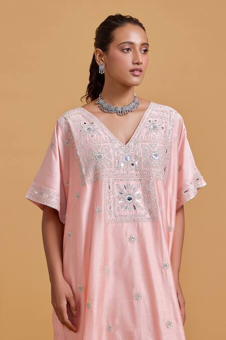 Gulabo By Abu Sandeep Pink Modal, Chanderi Embroidery V-neck Kaftan at Aza Fashions Gulabo By Abu Sandeep_Pink Modal, Chanderi Embroidery V-neck Kaftan _at_Aza_Fashions