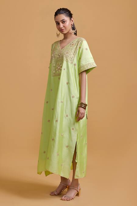 Gulabo By Abu Sandeep Green Modal, Chanderi Sequins, Embroidery V-neck Pista Kaftan Online at Aza Fashions Gulabo By Abu Sandeep_Green Modal, Chanderi Sequins, Embroidery V-neck Pista Kaftan _Online_at_Aza_Fashions