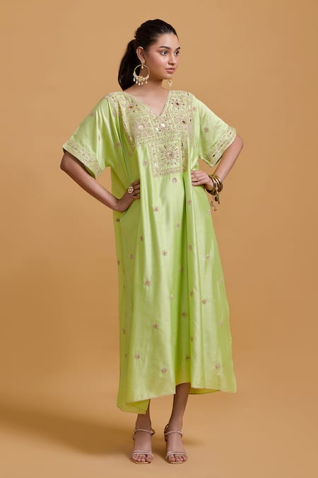 Gulabo By Abu Sandeep Green Modal, Chanderi Sequins, Embroidery V-neck Pista Kaftan 