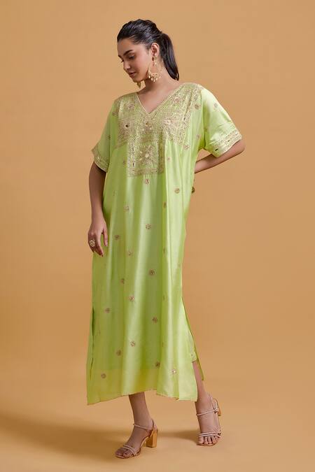 Buy Gulabo By Abu Sandeep Green Modal, Chanderi Sequins, Embroidery V-neck Pista Kaftan Online at Aza Fashions Buy_Gulabo By Abu Sandeep_Green Modal, Chanderi Sequins, Embroidery V-neck Pista Kaftan _Online_at_Aza_Fashions