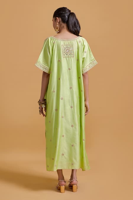 Shop Gulabo By Abu Sandeep Green Modal, Chanderi Sequins, Embroidery V-neck Pista Kaftan at Aza Fashions Shop_Gulabo By Abu Sandeep_Green Modal, Chanderi Sequins, Embroidery V-neck Pista Kaftan _at_Aza_Fashions