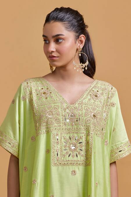Shop Gulabo By Abu Sandeep Green Modal, Chanderi Sequins, Embroidery V-neck Pista Kaftan Online at Aza Fashions Shop_Gulabo By Abu Sandeep_Green Modal, Chanderi Sequins, Embroidery V-neck Pista Kaftan _Online_at_Aza_Fashions