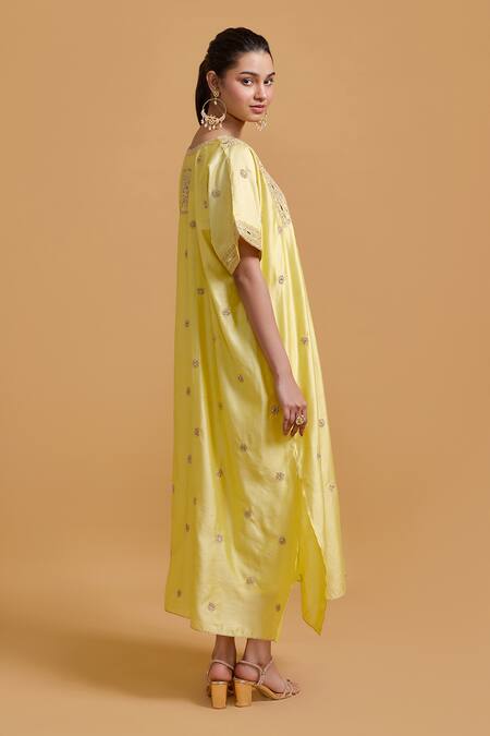 Gulabo By Abu Sandeep_Yellow Modal, Chanderi Embroidery V-neck Kaftan _Online_at_Aza_Fashions