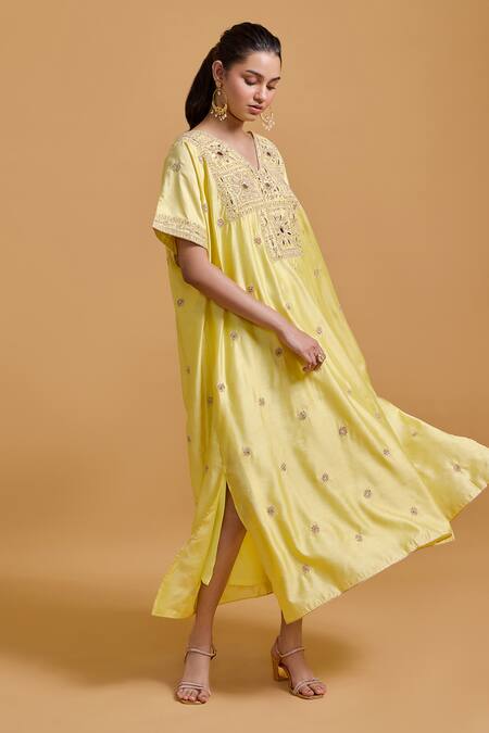Buy_Gulabo By Abu Sandeep_Yellow Modal, Chanderi Embroidery V-neck Kaftan _Online_at_Aza_Fashions