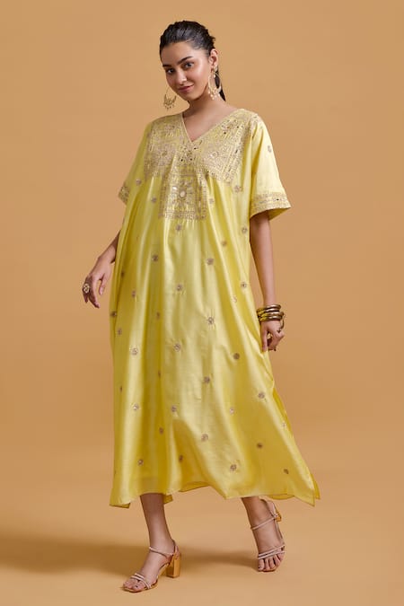 Shop_Gulabo By Abu Sandeep_Yellow Modal, Chanderi Embroidery V-neck Kaftan _Online_at_Aza_Fashions