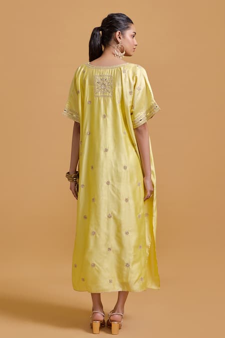 Shop_Gulabo By Abu Sandeep_Yellow Modal, Chanderi Embroidery V-neck Kaftan _at_Aza_Fashions