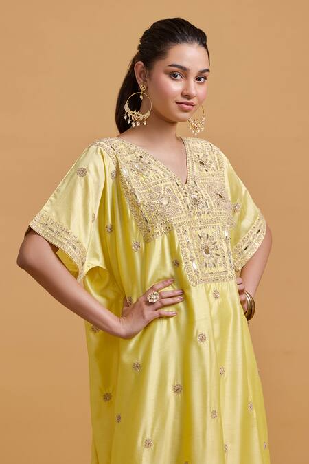 Gulabo By Abu Sandeep_Yellow Modal, Chanderi Embroidery V-neck Kaftan _at_Aza_Fashions