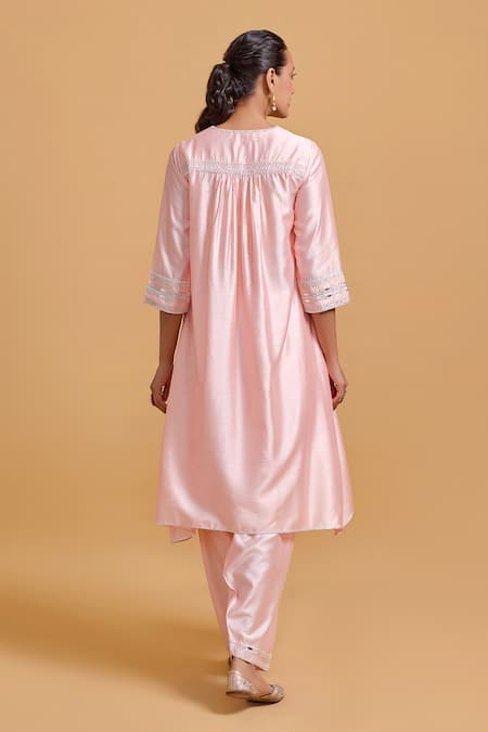 Shop_Gulabo By Abu Sandeep_Pink Modal, Chanderi Sequins, Embroidery V-neck Kurta Set _at_Aza_Fashions