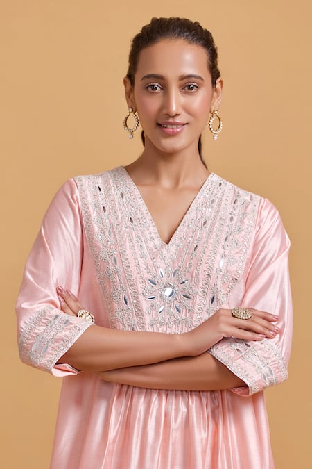 Gulabo By Abu Sandeep_Pink Modal, Chanderi Sequins, Embroidery V-neck Kurta Set _Online_at_Aza_Fashions