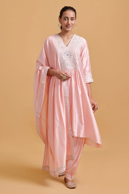 Buy_Gulabo By Abu Sandeep_Pink Modal, Chanderi Sequins, Embroidery V-neck Kurta Set 
