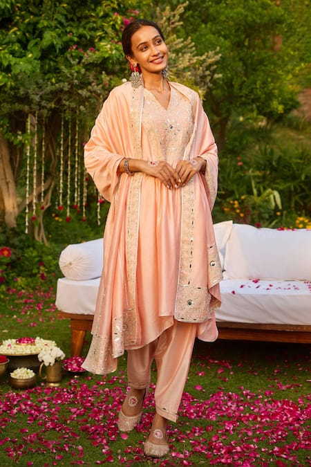 Shop_Gulabo By Abu Sandeep_Pink Modal, Chanderi Sequins, Embroidery V-neck Kurta Set 