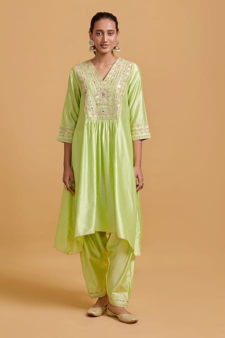Gulabo By Abu Sandeep Green Modal, Chanderi Embroidery V-neck Pista Kurta And Salwar Set 