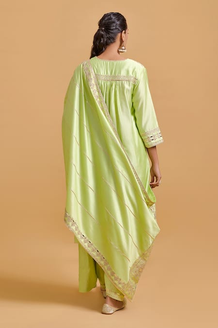 Shop Gulabo By Abu Sandeep Green Modal, Chanderi Embroidery V-neck Pista Kurta And Salwar Set at Aza Fashions Shop_Gulabo By Abu Sandeep_Green Modal, Chanderi Embroidery V-neck Pista Kurta And Salwar Set _at_Aza_Fashions