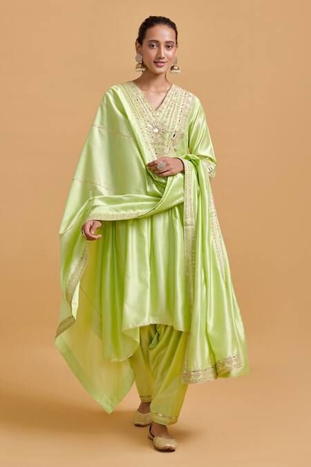 Gulabo By Abu Sandeep Green Modal, Chanderi Embroidery V-neck Pista Kurta And Salwar Set Online at Aza Fashions Gulabo By Abu Sandeep_Green Modal, Chanderi Embroidery V-neck Pista Kurta And Salwar Set _Online_at_Aza_Fashions