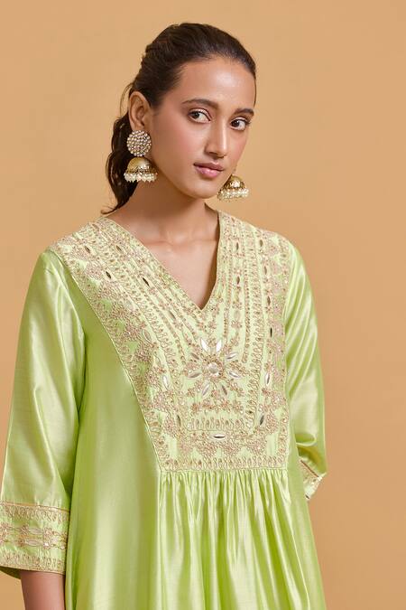 Buy Gulabo By Abu Sandeep Green Modal, Chanderi Embroidery V-neck Pista Kurta And Salwar Set Online at Aza Fashions Buy_Gulabo By Abu Sandeep_Green Modal, Chanderi Embroidery V-neck Pista Kurta And Salwar Set _Online_at_Aza_Fashions