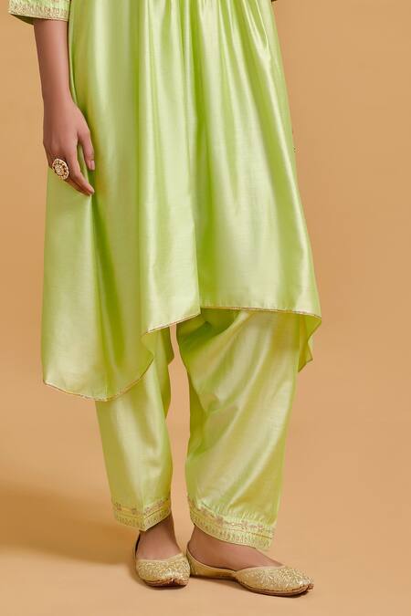 Shop Gulabo By Abu Sandeep Green Modal, Chanderi Embroidery V-neck Pista Kurta And Salwar Set Online at Aza Fashions Shop_Gulabo By Abu Sandeep_Green Modal, Chanderi Embroidery V-neck Pista Kurta And Salwar Set _Online_at_Aza_Fashions